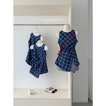 東大門復古格紋掐腰韓國吊帶上衣