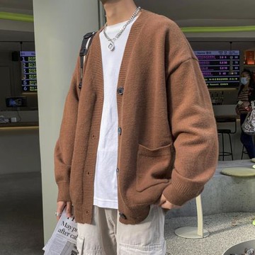 秋冬季開衫毛衣男潮牌寬松休閑純色v領針織衫韓版chic慵懶風線衣