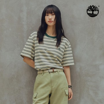 Timberland 男款松綠色條紋短袖T恤|A5SUNADQ