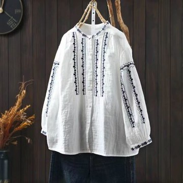 設計所在 棉麻隨性風 棉刺繡立領新襯衫七分袖文藝上衣(3色可選)