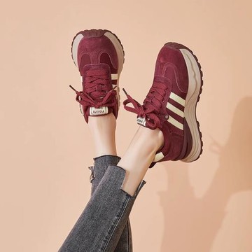 厚底老爹鞋女2025春季新款春秋加絨安可拉紅色百搭德訓運動阿甘鞋