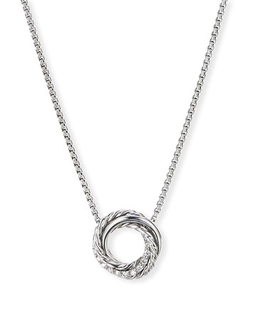 Crossover Mini Pendant Necklace with Diamonds in Silver, 15mm, 16-17"L