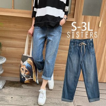 SISTERS高含棉洗舊刷色丹寧七分褲 牛仔褲/S-3L(女下著/七分褲/女褲/顯瘦/男友褲/長褲)