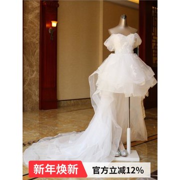 女神范 海邊度假外景旅拍影樓前短后長拖尾新娘婚紗禮服批發 998