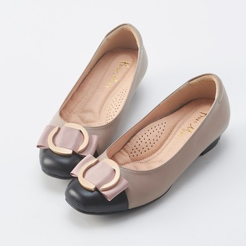 Kuru Mira拼接方頭蝴蝶結金釦低跟鞋-可可x黑