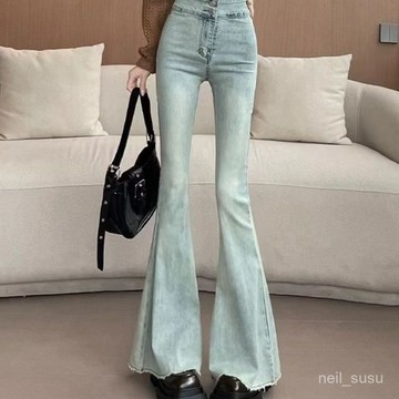 P3-【限時特賣】牛仔褲女 牛仔長褲 高腰牛仔褲 牛仔寬褲 高腰褲 長褲女 淺色復古毛邊復古彈力魚尾牛仔褲女高腰大喇叭做