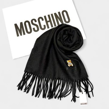 MOSCHINO 小熊刺繡羊毛混紡流蘇圍巾 (黑色經典款｜中性款式｜附品牌包裝)