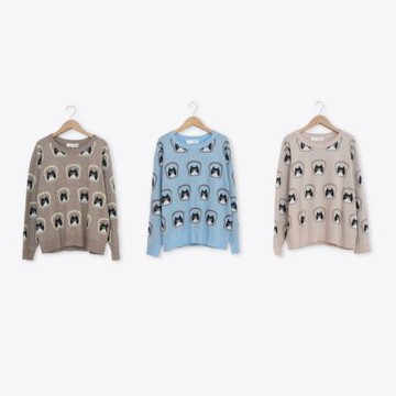 【Dailo】吐司貓幻想緹花針織上衣 藍 粉 駝(魅力商品)