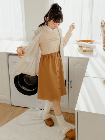 磨毛假排釦縮腰荷葉袖洋裝