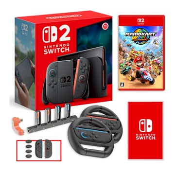 Nintendo 任天堂 Switch 2 主機 (NS2台灣公司貨) +NS2 瑪利歐賽車世界+NS驚喜遊戲片+方向盤+包貼+充電座+矽膠套【預購】