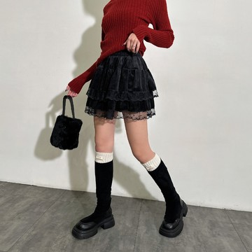 甜美風拼接蕾絲褲裙-黑【KT21979】
