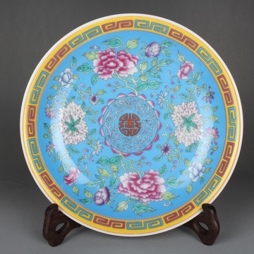 清乾隆粉彩藍釉壽紋芙蓉花紋 盤 擺件 古玩古董仿古陶瓷器收藏品