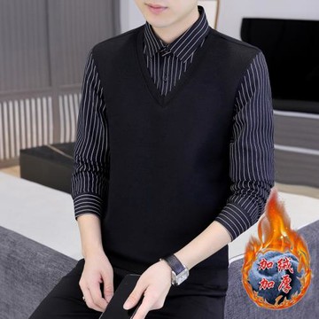 加絨加厚襯衫領毛衣男高端雞心領一體絨打底衫假兩件V領羊毛衫男