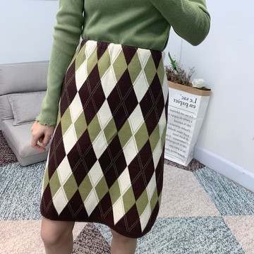 現貨+預購 A字裙短裙-菱格撞色復古針織女裙子4色73xg23【獨家進口】【米蘭精品】