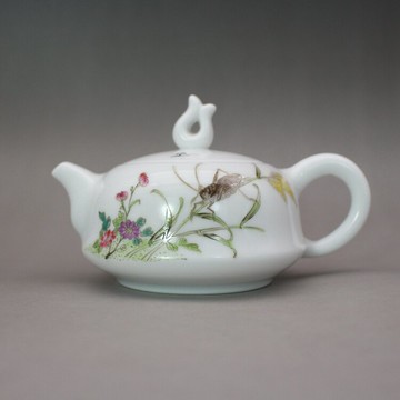 慎德堂粉彩手繪蟲草紋茶壺 小壺 景德鎮茶具古玩古董仿古陶瓷器