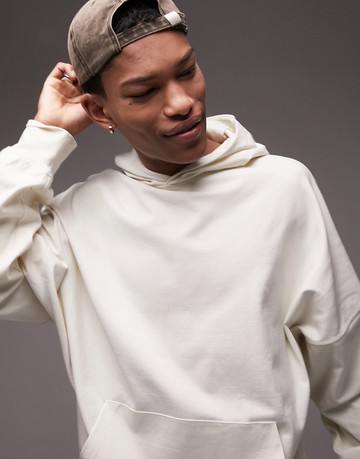 Topman oversized dropped shoulder hoodie in ecru-White