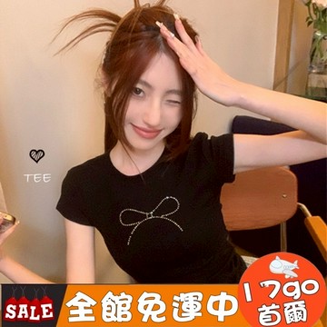 台灣現貨 🔥 M88 夏季美式辣妹短袖T恤女 露臍上衣 蝴蝶結燙鑽修身短上衣 顯瘦上衣 百搭上衣 百搭上衣 女生修身上衣