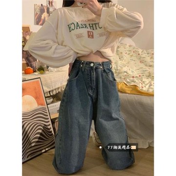 美式高街牛仔褲女冬季2025新款薄款寬松闊腿褲復古高腰直筒長褲子