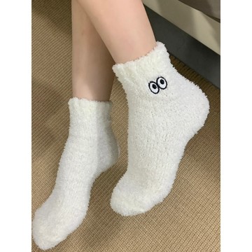 嚴選好物🎁眼睛襪子加絨加厚珊瑚絨秋冬中筒襪睡眠襪地闆襪居家冬天保暖 冬季睡覺睡眠襪 居家保暖睡覺襪子 不勒腳不臭腳襪子
