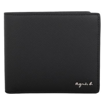 agnes b. 草寫銀字LOGO防刮皮革附名片夾透明層短夾(黑)