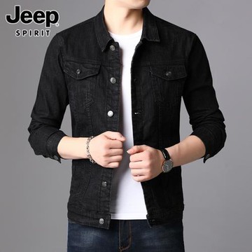 吉普秋季牛仔夾克男士黑色潮流寬松翻領上衣服痞帥百搭休閑外套男