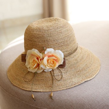 手工鉤針拉菲草帽 花朵草帽 太陽帽女防曬防紫外線 帽子夏天女1入