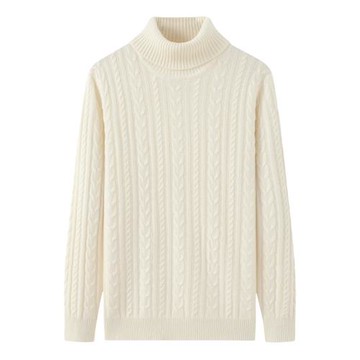 鄂爾多斯市產純羊絨衫男高領加厚絞麻花白色簡單款針織衫毛衣E637