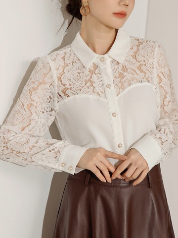 鏤空蕾絲拼接馬甲珍珠釦長袖上衣