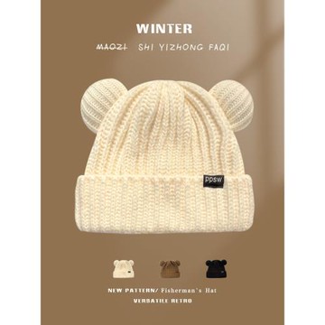 日系可愛小熊耳朵大版寬松毛線帽子女秋冬季加厚百搭顯臉小針織帽