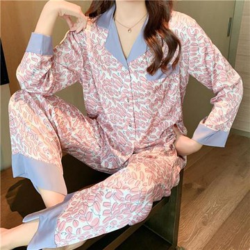 【巴黎精品】睡衣套裝長袖休閒服-冰絲緞面薄款印花女居家服2色a1at26