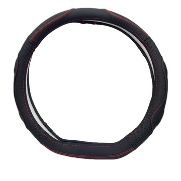 方向盤套 e系列汽車用品【D型 皮革汽車方向盤套】黑線 紅線 真皮 實用 耐磨 透氣 防滑 1入裝