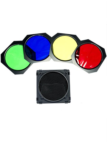 神牛大號四葉擋板 四頁檔光板蜂窩罩+蜂巢+四色濾色片 攝影燈光效附件 人像產品攝影器材 配合標準燈罩使用