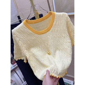 木耳邊拼色褶皺短袖t恤女夏季新款洋氣減齡ins修身短款高腰上衣潮