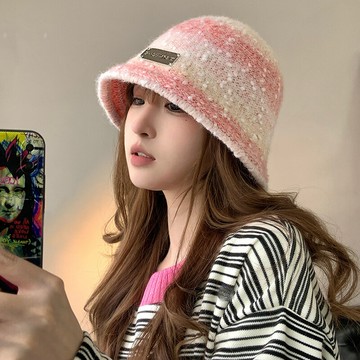 日系甜美漸變粉色針織漁夫帽子女冬天ins韓版遮臉水桶帽顯臉小