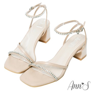 Ann’S散發光芒-顯瘦鑽石鍊帶方頭繫帶一字涼鞋-杏