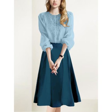 法式簡約小香風套裝裙女2025年秋裝新款洋氣藍色襯衫半身裙兩件套