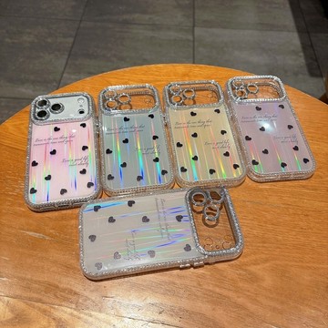 氛圍感極光愛心 圓邊雙面鑽保護殼 鑲鑽邊框 適用 蘋果 iPhone 17 16 15 14 13 ProMax 手機殼