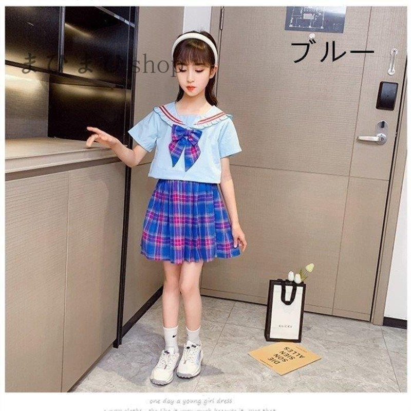 韓国子供服セットアップお洒落夏服女の子制服上下セット半袖シャツ+