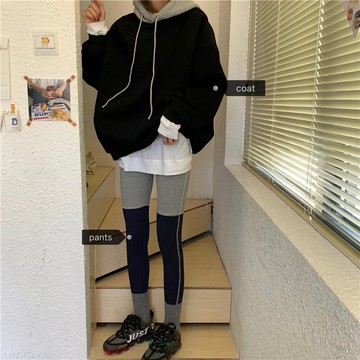 套裝女百搭撞色加絨加厚連帽衛衣+羅紋彈力休閑打底褲ins1入