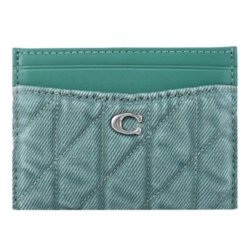 COACH 金屬C LOGO絎縫牛仔布簡易式卡夾(藍綠色)