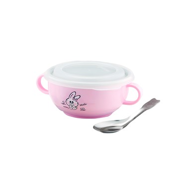 ZEBRA THAILAND 斑馬 雙耳兒童隔熱碗 附湯匙/塑膠PE蓋  顏色隨機  1組