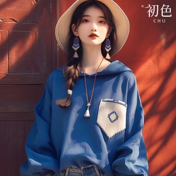 初色 寬鬆印花立體裁剪胸口袋長袖連帽T恤上衣女上衣-藍色-38112(M-3XL可選)