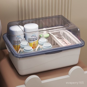 🍀臺灣出貨🍀奶瓶收納箱大容量翻蓋防塵瀝水架帶蓋嬰兒用品輔食餐具玩具收納盒