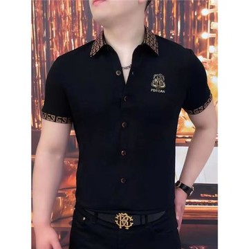 2024歐貨高端夏季男士短袖襯衫方領潮牌修身半袖時尚帥氣涼感體恤