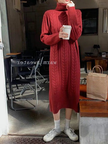 大碼長袖高領麻花小香風針織連衣裙女中長款過膝外穿配大衣的裙子