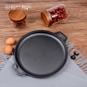 鑄鐵平底鍋加厚生鐵雙耳煎鍋鏊子無涂層披薩烤盤戶外烤肉一件代發
