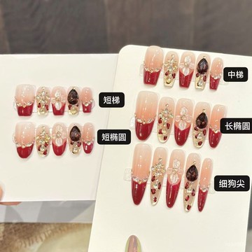 💟加一手工甲💅🏻藝禾【花頭秋柳】秋冬爆款紅色法式鵰花鋯石穿戴美甲顯白高級感純手工穿戴甲 3X3N