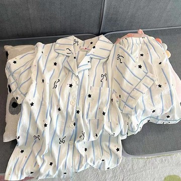 藍色條紋睡衣女 夏季睡衣女 雲朵棉短袖短褲睡衣 兩件套睡衣 卡通少女家居服 可外穿家居服 睡衣女 家居服女