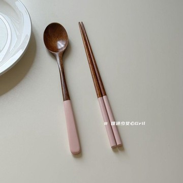 臺灣-出貨🔥韓式彩色手柄原木筷子日式家居風便攜筷勺子兩件套裝餐具粥勺飯勺