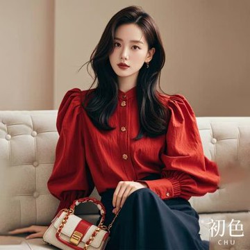 初色 法式寬鬆純色半立領燈籠袖長袖襯衫上衣-紅色-39261(M-2XL可選)